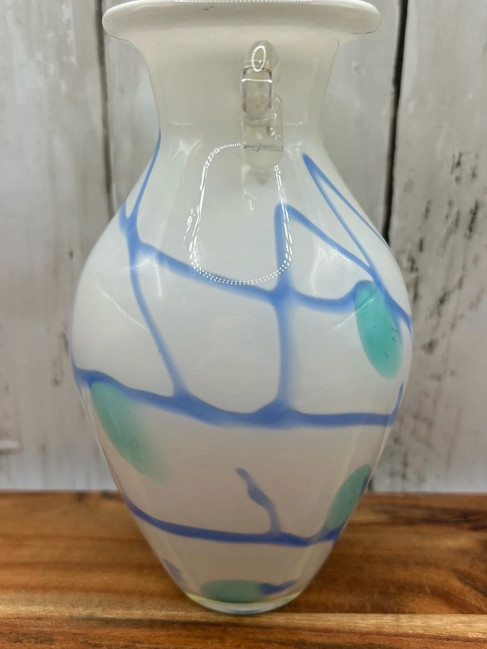 Vintage Art Glass Vase White Blue Aqua Applied Clear Handles Hand Blown